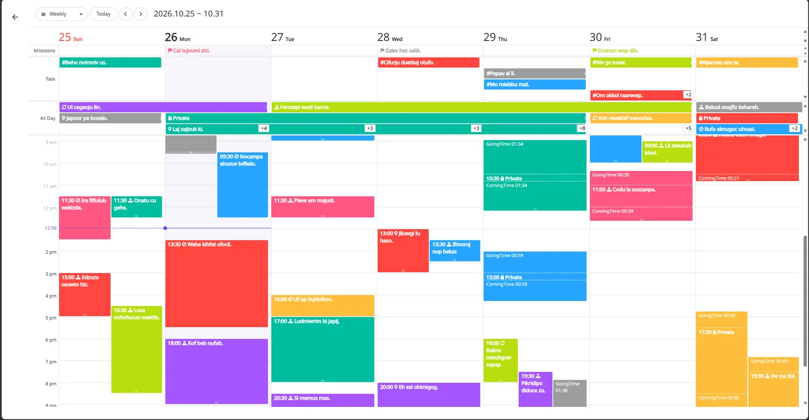 A week view of the shared calendar with colour-coded meetings, tasks, milestones and travel time.