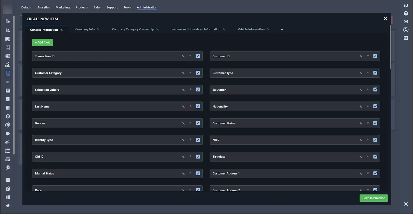 The layout editor showing contact fields across custom tabs, with options to rename, require or hide each field and add new ones.