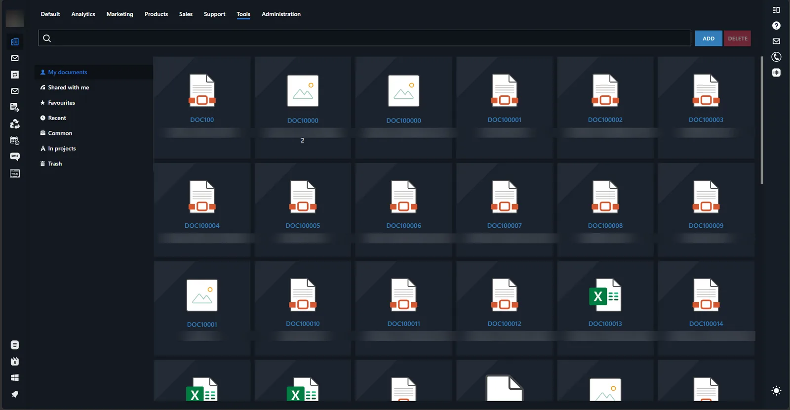 The document library with folders for my documents, shared, favourites, recent, common, in projects and trash.