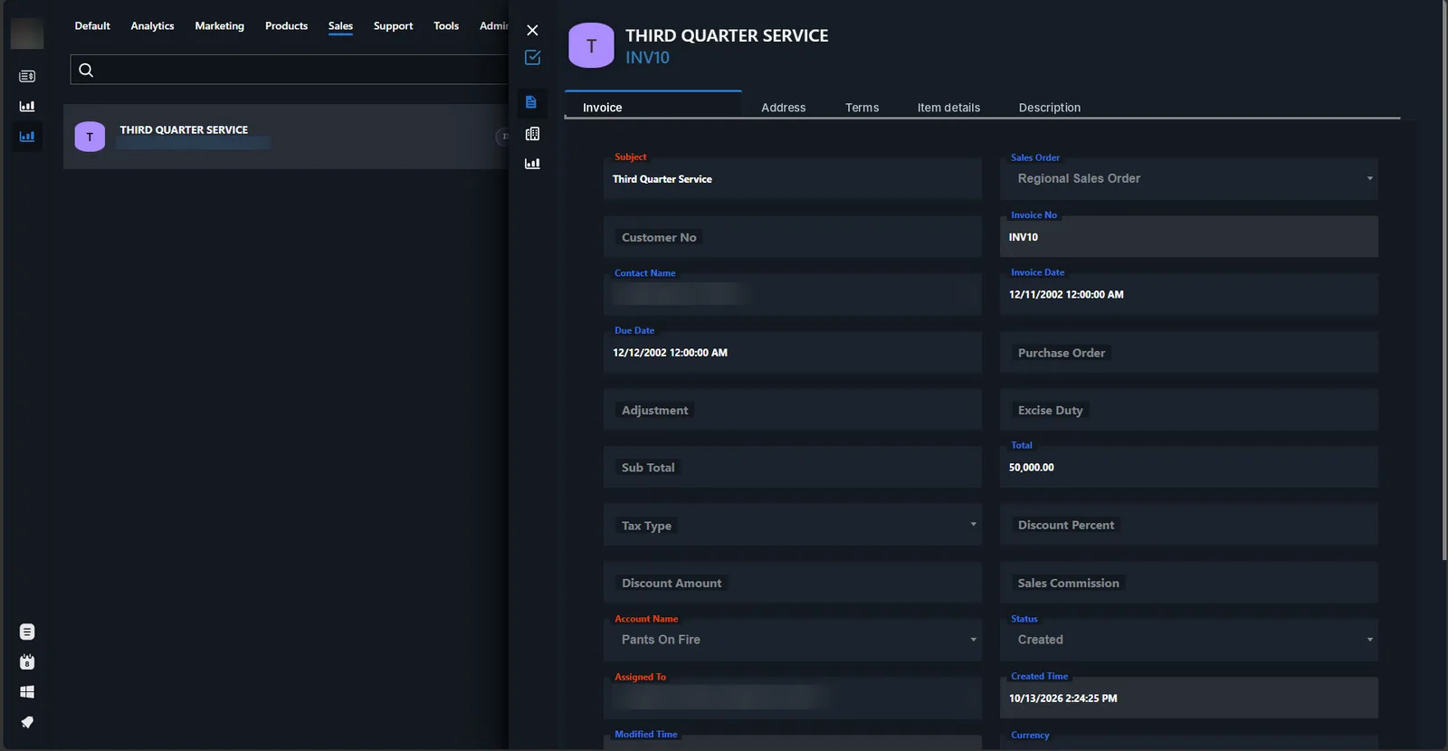 An invoice record linked to its sales order, with dates, totals, tax and status.