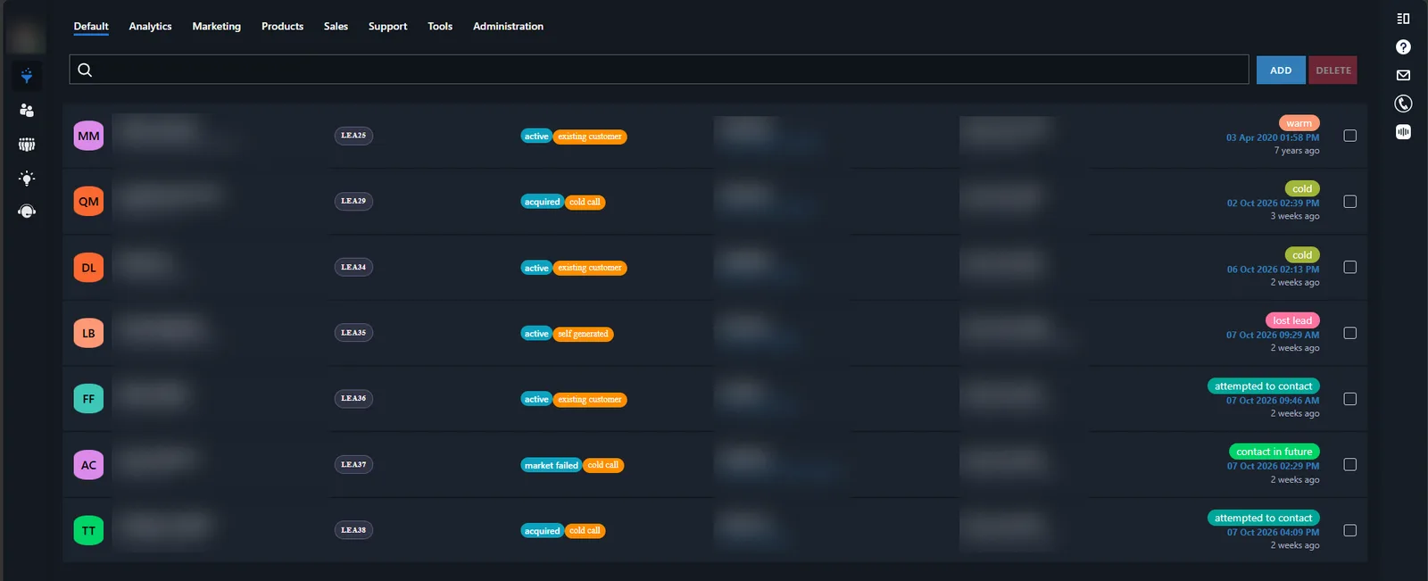 The leads list showing each lead with status, source, rating and last contact date.
