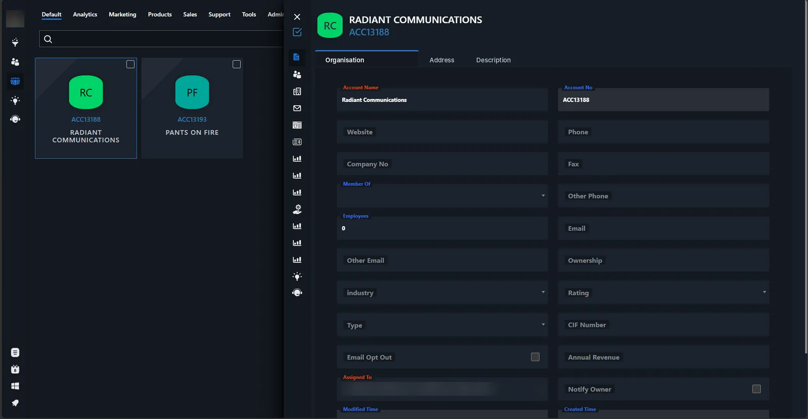 An organisation record with account details, and related contacts, deals, tickets and documents in the side menu.