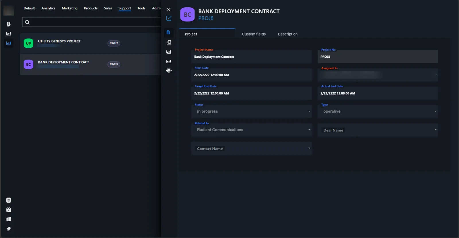 A project record with start, target and actual end dates, status, type and the related organisation.