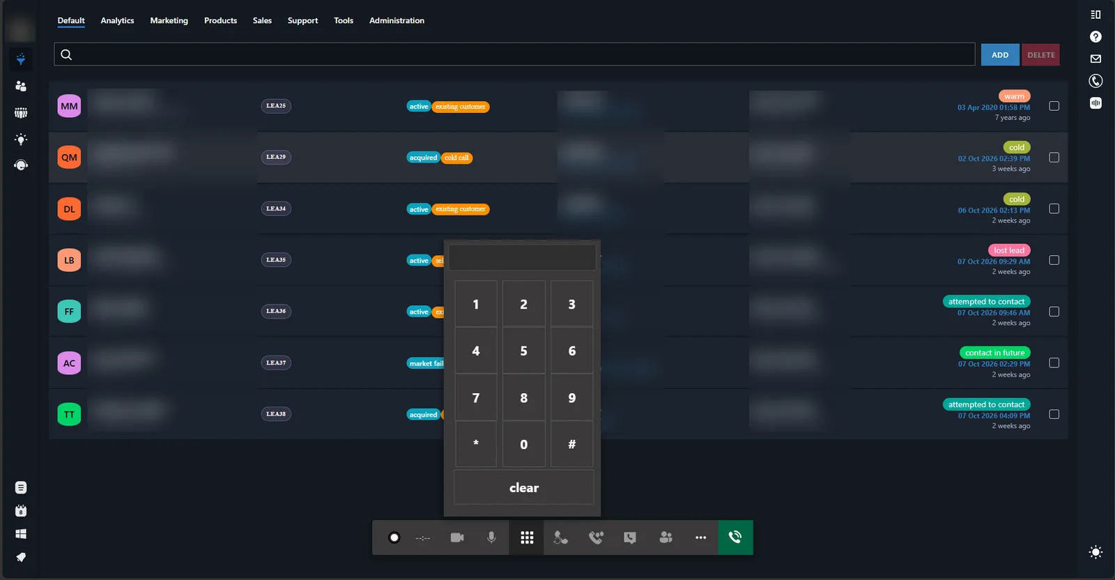 The leads list with the built-in softphone dial pad open
                            over it and call controls along the bottom.